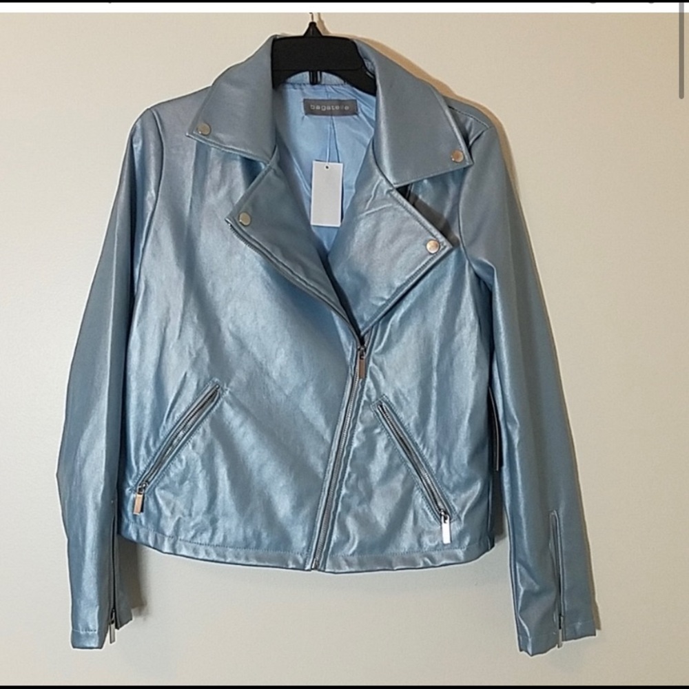 Pearl Blue Bagatelle Faux Leather Moto Jacket